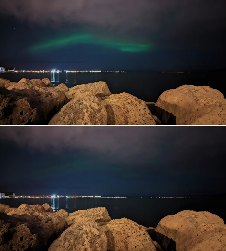 comparison of northern lights in a photo vs. naked eye