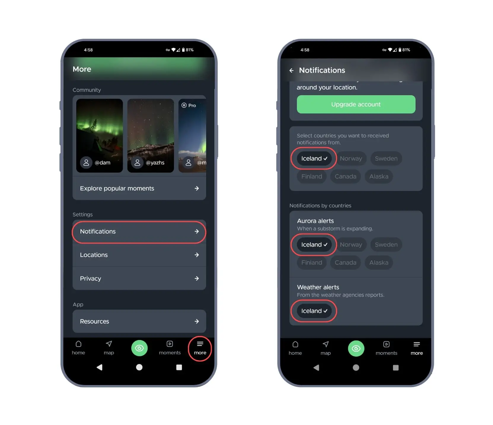 instructions for turning on notifications Hello Aurora app